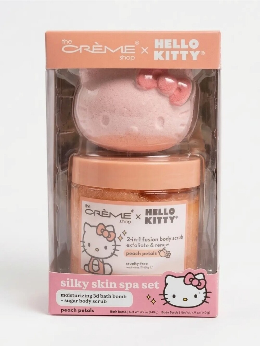 The Creme Shop Hello Kitty Peach Petals SPA SET Bath Bomb & Body Scrub NIB